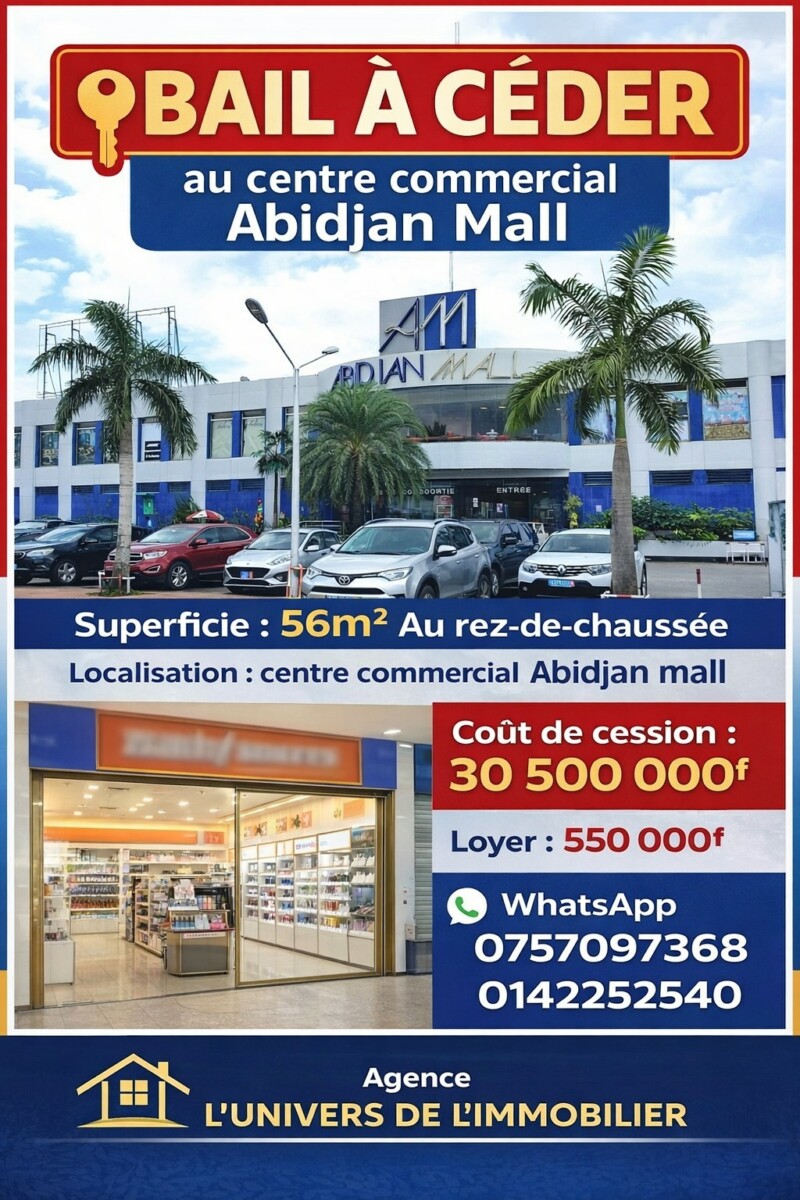 Magasin 56m² à céder au centre commercial Abidjan mall