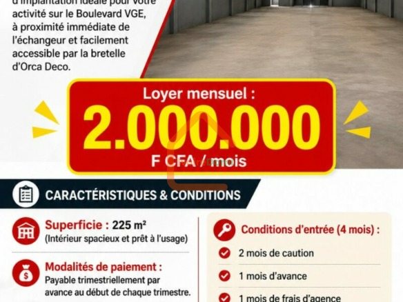 Entrepôt de 225 m² à louer marcory VGE