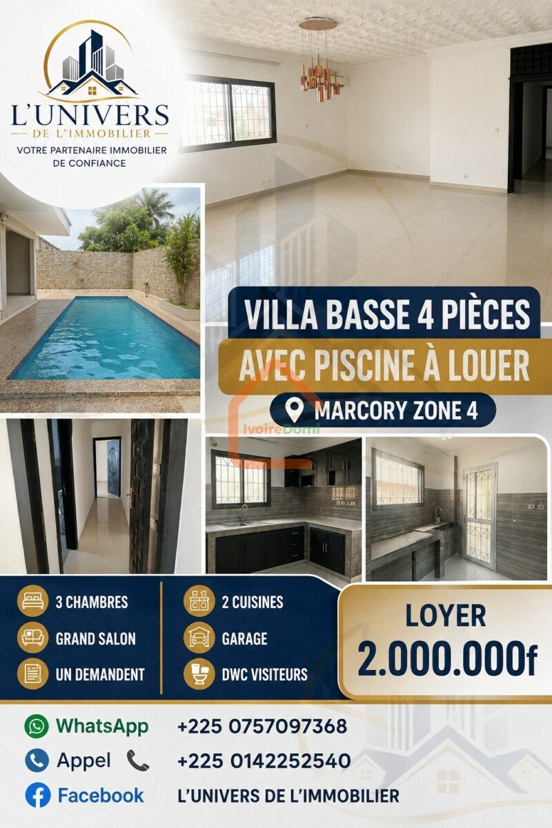 À louer villa basse 4 pièces avec piscine à marcory zone 4