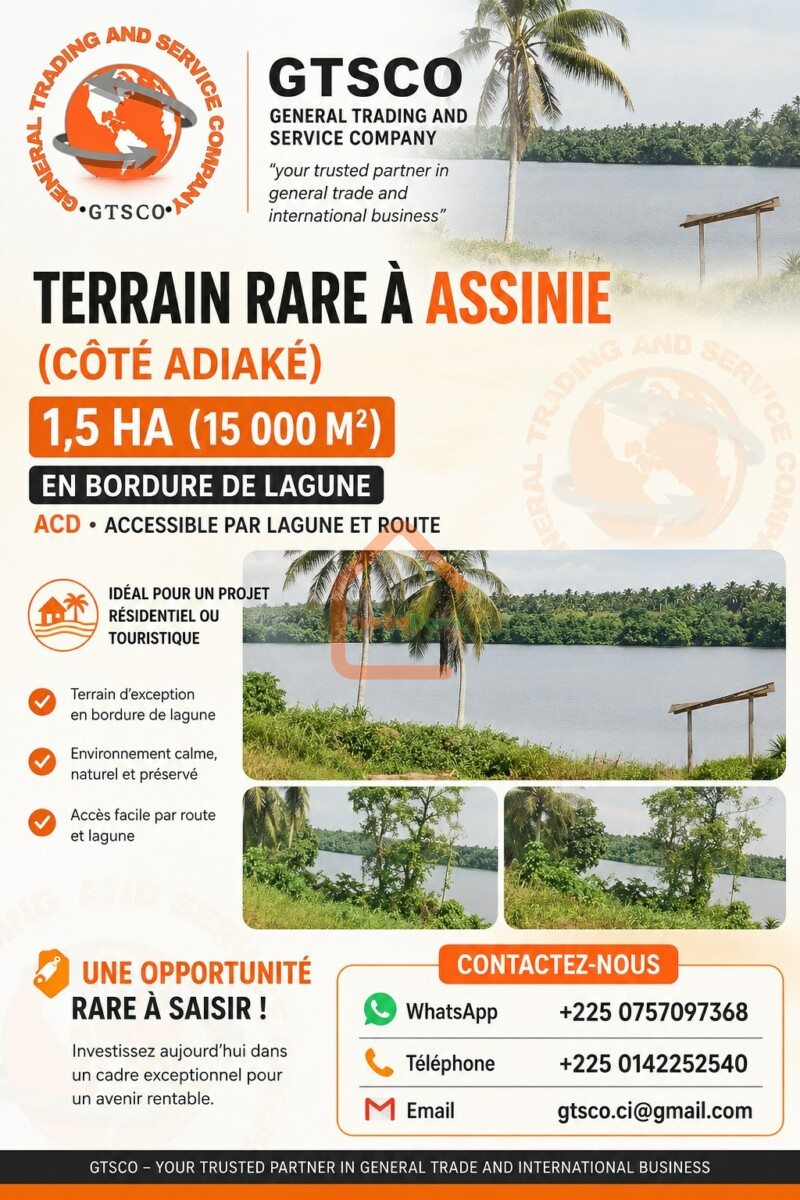 Terrain rare à Assinie 1, 5Ha avec ACD en vente en bordure de lagune