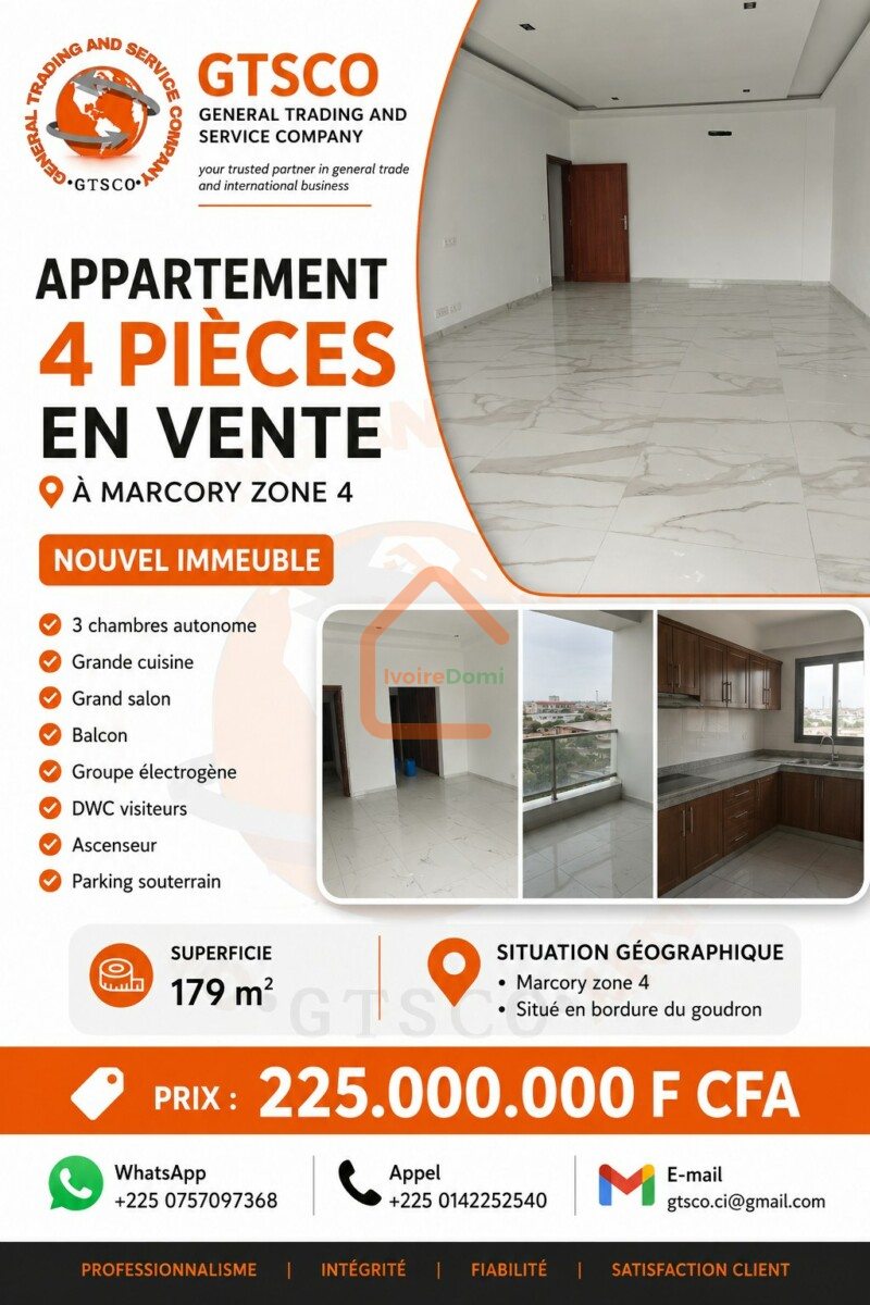 À vendre nouvel appartement 4 pièces à marcory zone 4