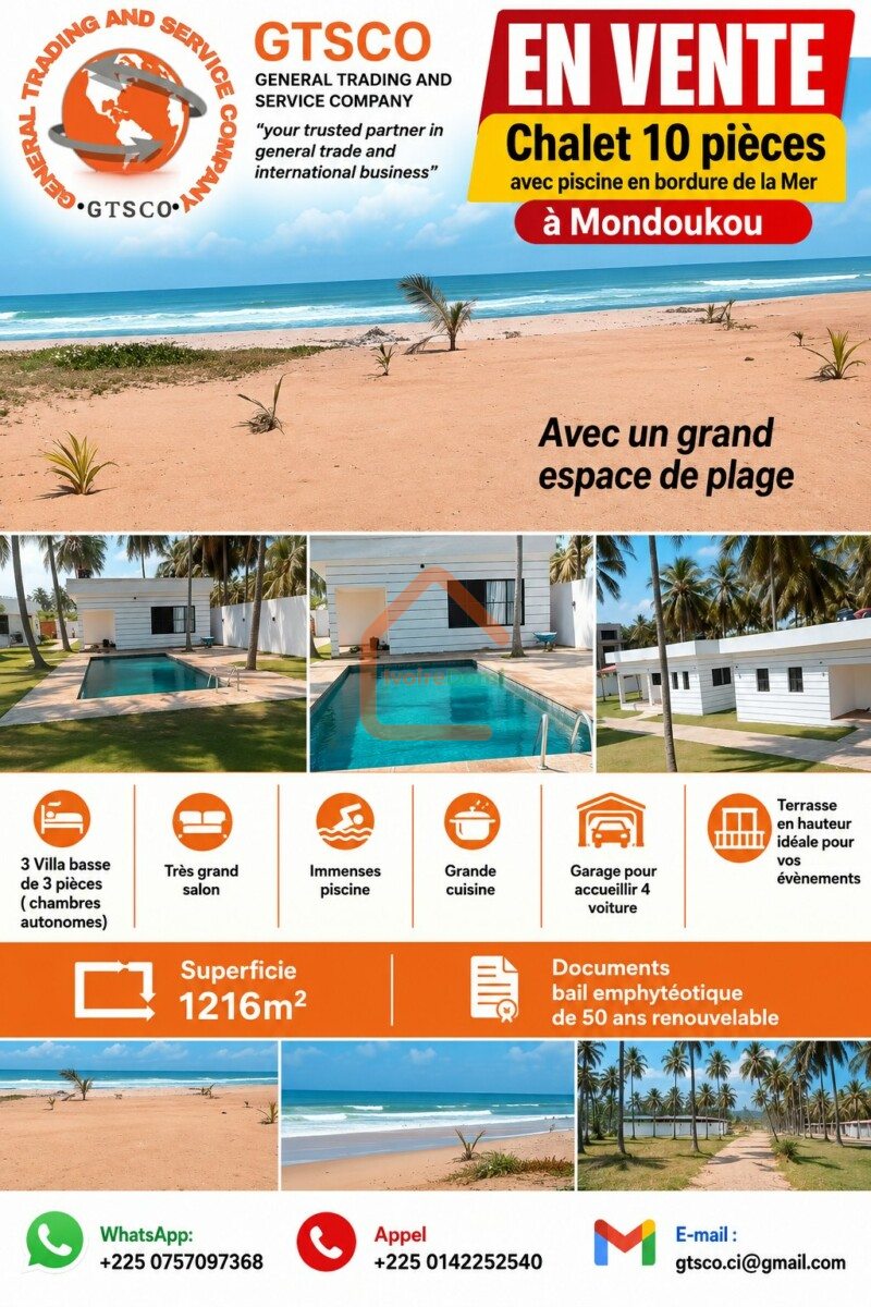 Mondoukou Chalet 10 pièces en bordure de Mer avec piscine en vente