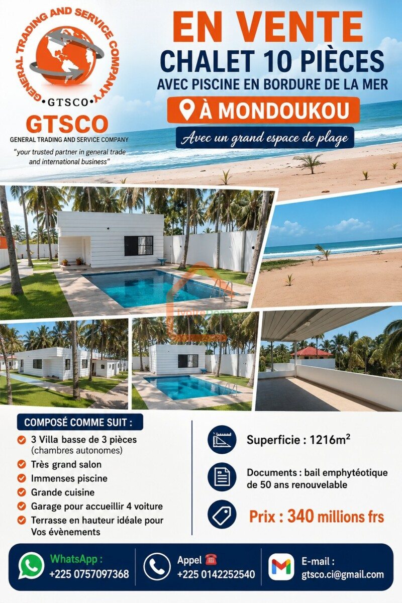 Mondoukou Chalet 10 pièces en bordure de Mer avec piscine en vente