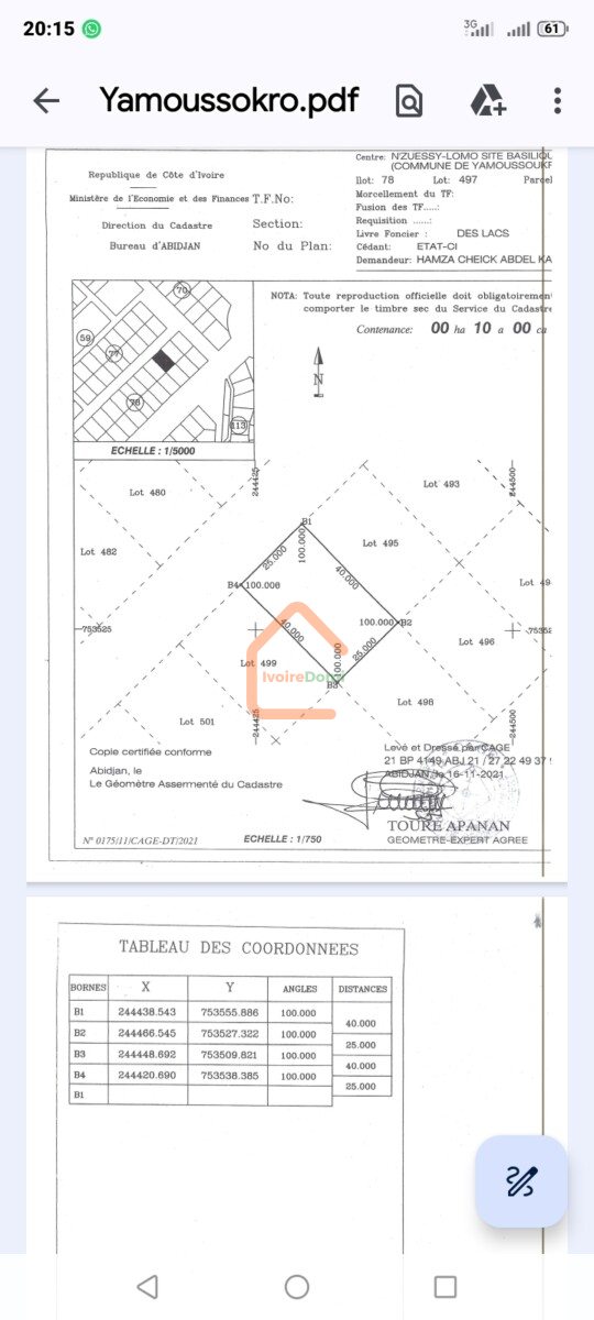 A VENDRE À YAMOUSSOUKRO TERRAIN DE 1000 m² ACD, SITE DE LA BASILIQUE. 20 MILLIONS