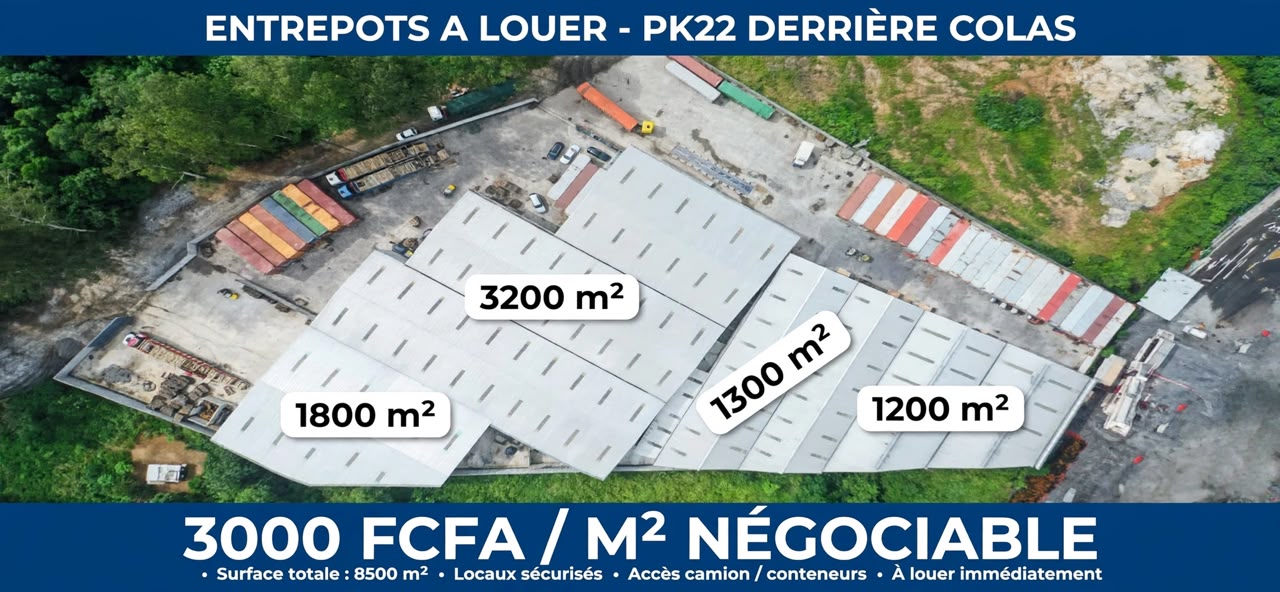 Entrepôt 7500m² à louer 3000f le m² à pk22 derrière Colas
