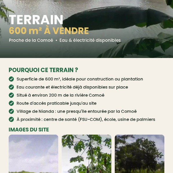 Terrain de 600 mètre carré en vente