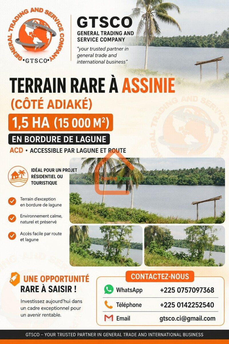 Assinie Terrain rare avec ACD en bordure de lagune