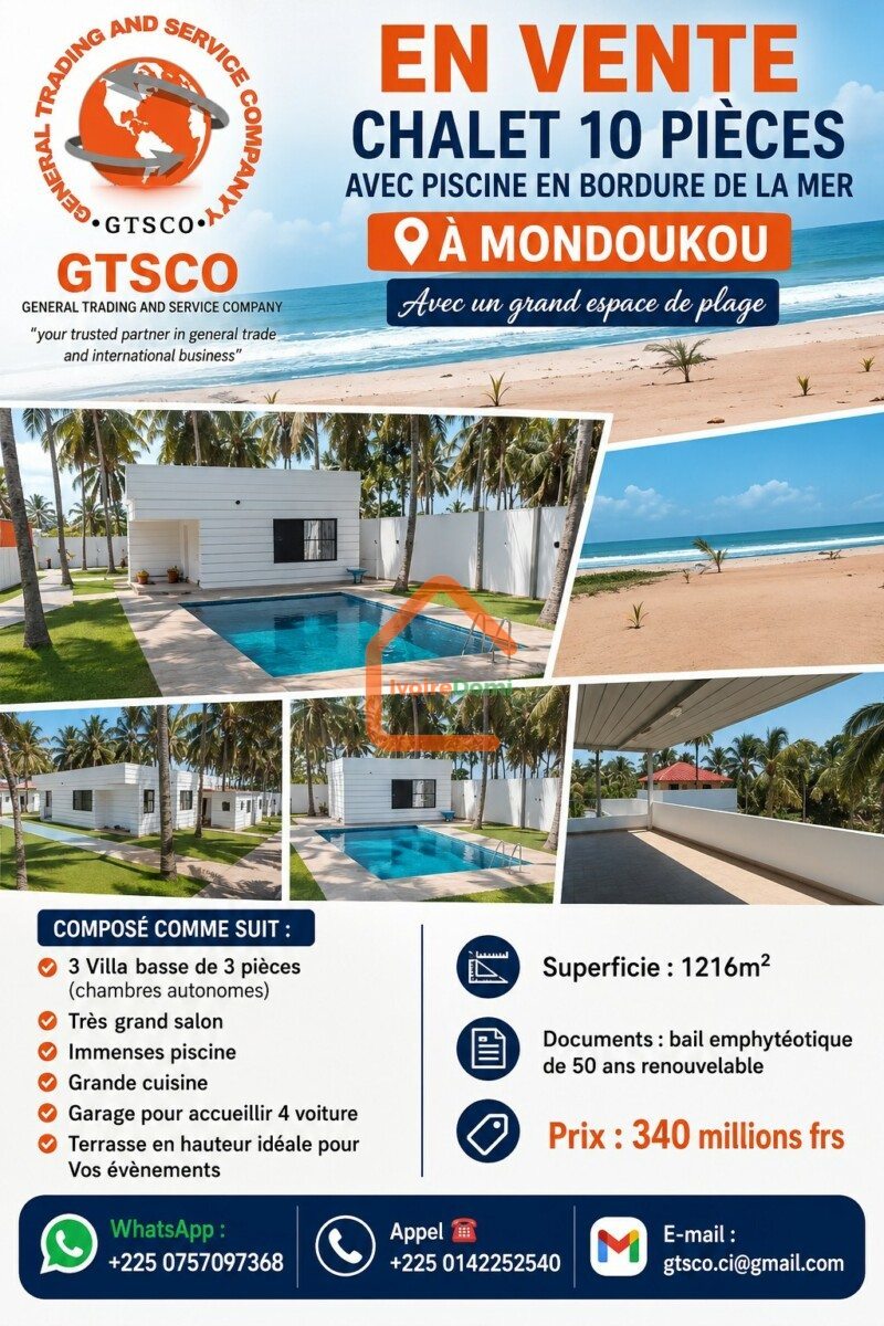 Mondoukou Chalet 10 pièces en bordure de Mer avec piscine en vente