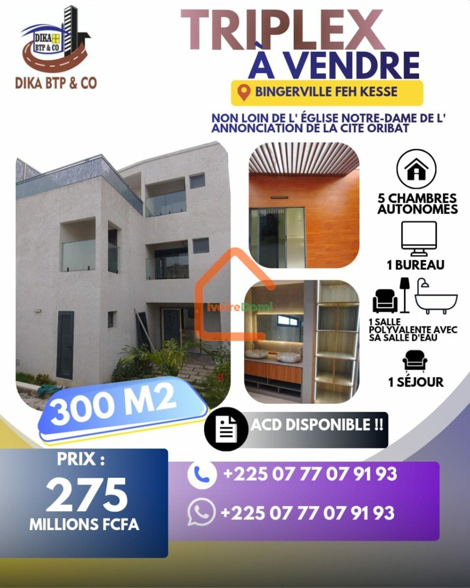 Triplex 8 pièces a bingerville FEH KESSÉ non loin de l’église notre dame de l’annonciation