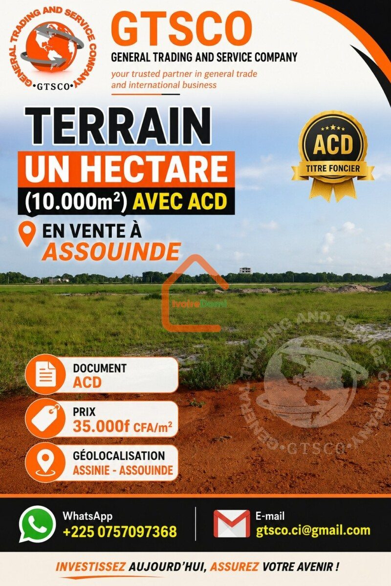Terrain 1 hectare avec ACD à Assouindé